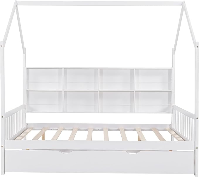 Harper & Bright Designs Full House Bed with Trundle, Wood Kid Daybed Frame with Storage Shelves for Kids, Teens, Solid Wood Structure & House-Shaped, White