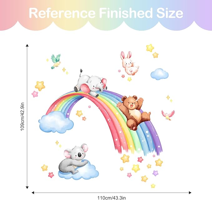 Tanlaby 43" X 43" Animal Rainbow Wall Stickers Bear Elephant Koala Rabbit Wall Decals Peel and Stick Clouds Stars Art Decor for Baby Nursery Kids Bedroom Playroom Daycare Classroom