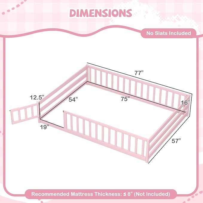 Giantex Full Floor Bed with Door & Fence, Kids Wood Montessori Beds with Safety Guardrails, Floor Bed Twin for Kids, Boys, Girls, No Box Spring Needed, Pink