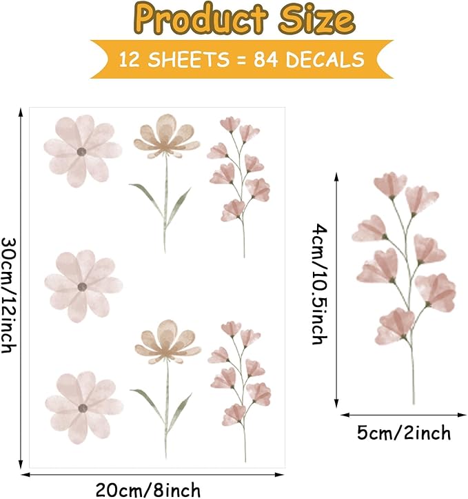 Daisy Wall Decals - 84PCS Removable Peel and Stick Flower Wall Stickers for Girls Room, Living Room, Bedroom, Nursery Decor
