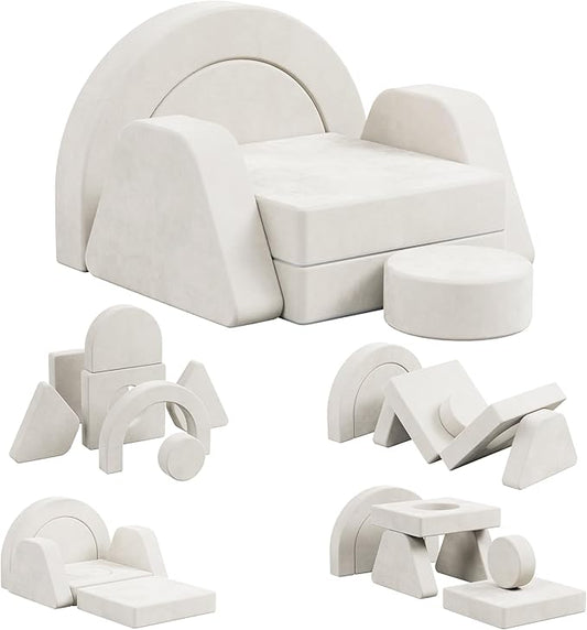12 PCS Modular Kids Play Block Couch Child Sectional Soft Sofa Toddler Building Fortplay Climbing Bedroom Playroom Baby Convertible Floor Foam Cushion for Boys & Girls (Beige-Single-2)