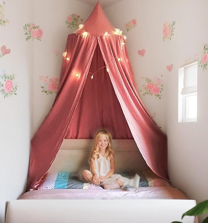 Princess Bed Canopy for Girls, Extra Large Hanging Canopy for Bed, Dreamy Play Tent for Girls Room Bedroom Decoration, Breathable Canopy Bed Curtain for Children Reading Nook - Rose Red