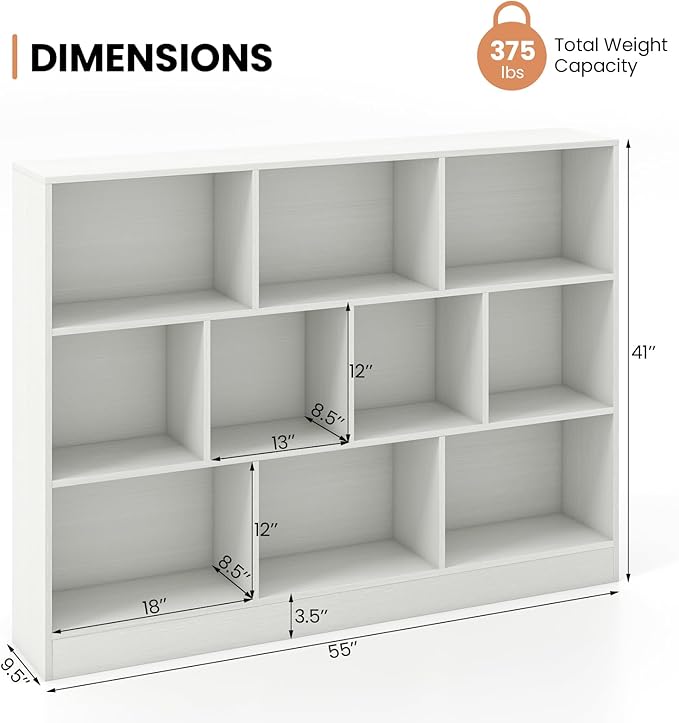 Costzon 10-Cube Bookshelf for Kids, Wooden Toy Storage Organizer w/ 2 Anti-Toppling Kits, 3 Tier Open Shelves & Non-Slip Foot Pads, Montessori Toy Shelf for Kids Rooms, Playroom, Classroom, Nursery