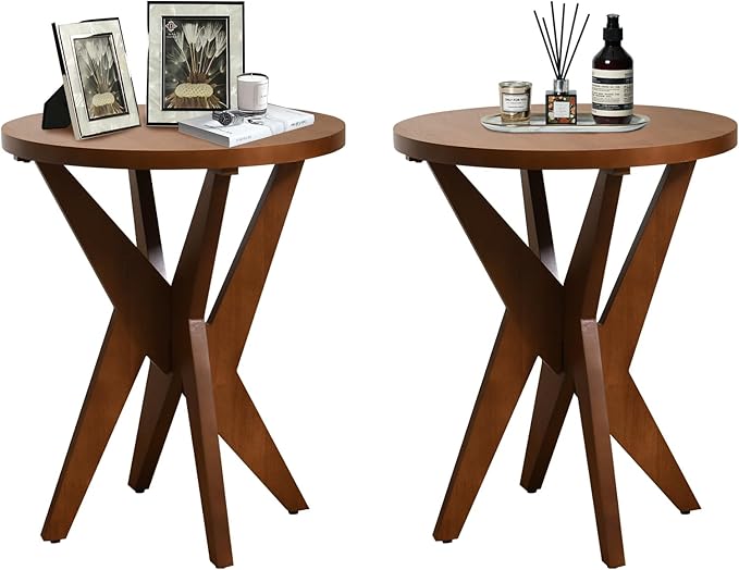 Mid-Century Modern Round End Table Set of 2, Walnut Brown Farmhouse Side Tables with MDF Top and Crossed Legs for Living Room, Bedroom, or Small Spaces