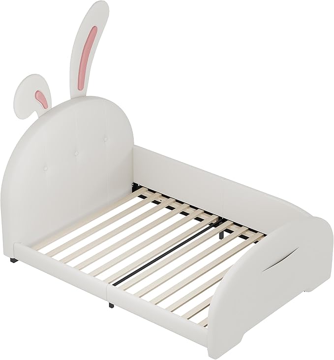 Harper & Bright Designs Twin Size Upholstered Rabbit Shape Princess Bed Frame for Boys Girls Kids Adults Toddler, Twin Size Platform Bed with Headboard and Footboard,White