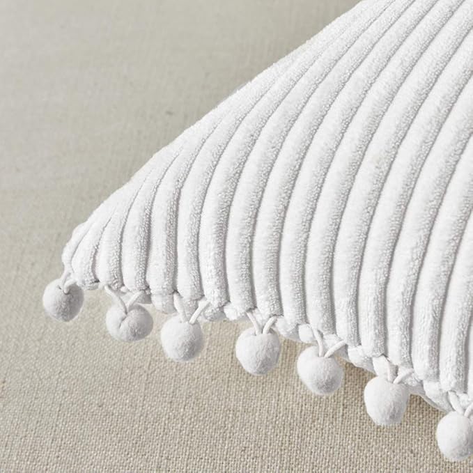 Fancy Homi Pack of 2 Pure White 20 x20 Inch Decorative Throw Pillow Covers with Pom-poms, Soft Corduroy Solid Square Cushion Cases Set for Couch Living Room Bedroom Sofa Car