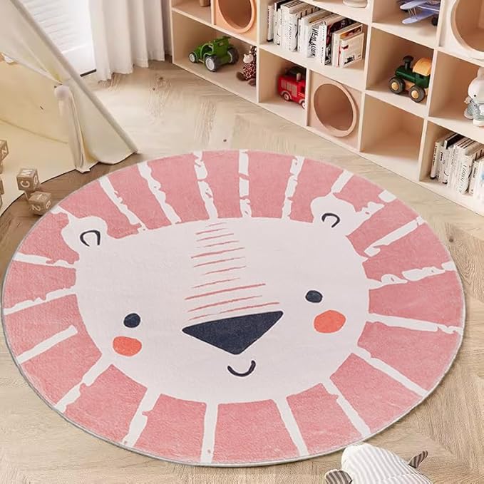 ABREEZE Lion Round Area Rug 4ft, Kids Play Rug Nursery Door Mat Washable Non-Slip Cartoon Themed Children Rug for Bedroom Living Room Kids Playroom,Pink