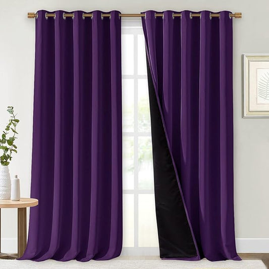 NICETOWN 100% Blackout Curtains with Black Liner Backing, Thermal Insulated Curtains for Living Room, Noise Reducing Drapes, Royal Purple, 70 inches Wide x 108 inches Long Per Panel, Set of 2