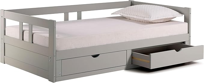 Alaterre Furniture Melody Twin to King Extendable Daybed with Trundle and Storage Drawers – Solid Brazilian Pine Wood with 400lb Capacity for Kids, Guest, or Small Bedroom (Dove Gray)