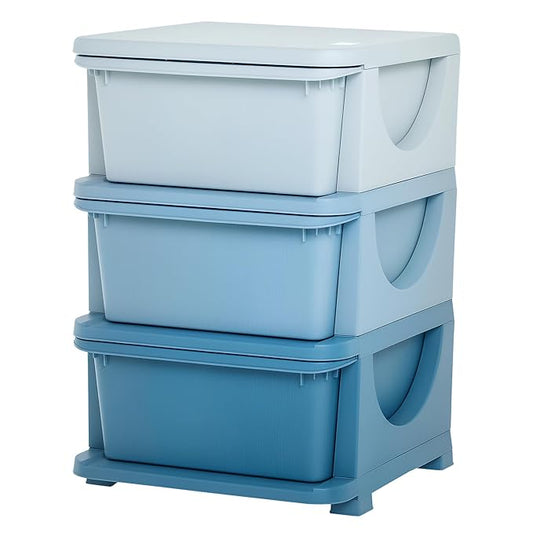 Qaba 3 Tier Kids Storage Unit, 3 Drawer Chest Toy Organizer Plastic Bins for Kids Bedroom Nursery Kindergarten Living Room for Boys Girls Toddlers, Blue