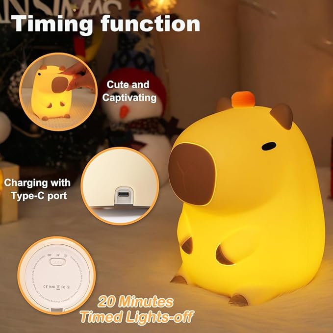Capybara Kids Night Light, Portable USB Rechargeable Animal Light Touch Control Light, Silicone Night Light with Timer Function, Christmas Gift for Kids
