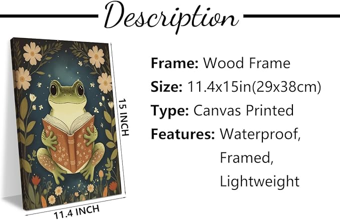 Whimsical Reading Frog Decor Book Lovers Gifts Bookish Gifts Wall Decor Canvas Wall Art Framed Prints Artwork for Living Room Library Office Cozy Art Study Nursery Decorations Painting 11.5X14.5 Inch