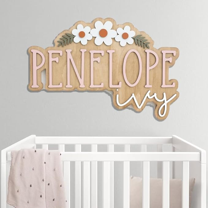 Personalized Nursery Name Sign, Custom Wooden Name Sign with Flowers, 3D Layered Wood Wall Decor for Baby Girl Room, Boho Floral Kids Room Name Plaque, 2 Layer /4