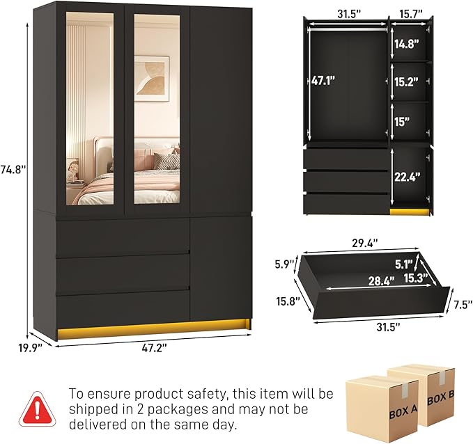 3 Doors Armoire Wardrobe Closet with 3 Drawers & Mirror, Modern Wooden Bedroom Armoires with Hanging Rod Led Lights for Bedroom, Black