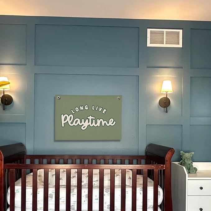 Playroom Decor for Boy, Long Live Playtime Wall Hanging Linen Banner, Blue Striped Wall Flag for Kids Room Nursery Playroom Decor, 20x30 Inch-Green