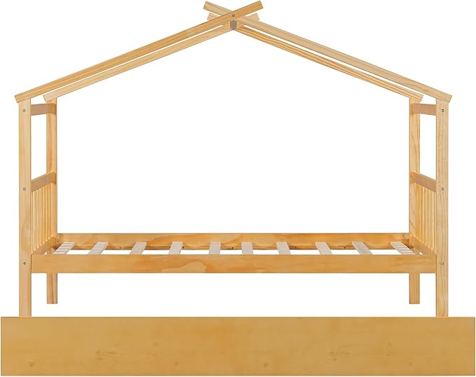 Harper & Bright Designs Twin House Bed for Kids, Wood Platform Bed with Trundle, Montessori Bed with Roof, Playhouse Trundle Beds for Kids,Teens, Bedroom, Natural