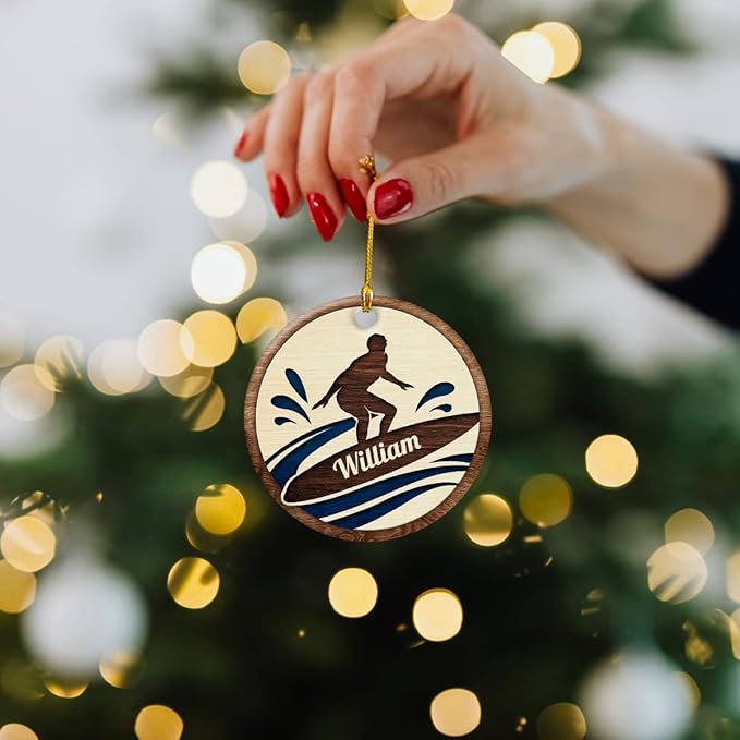 wowcugi Personalized Surfing Ornament Surfboard Christmas Ornaments with Ceramic Ornament Xmas Tree Decoration Keepsake Gifts for Men Women