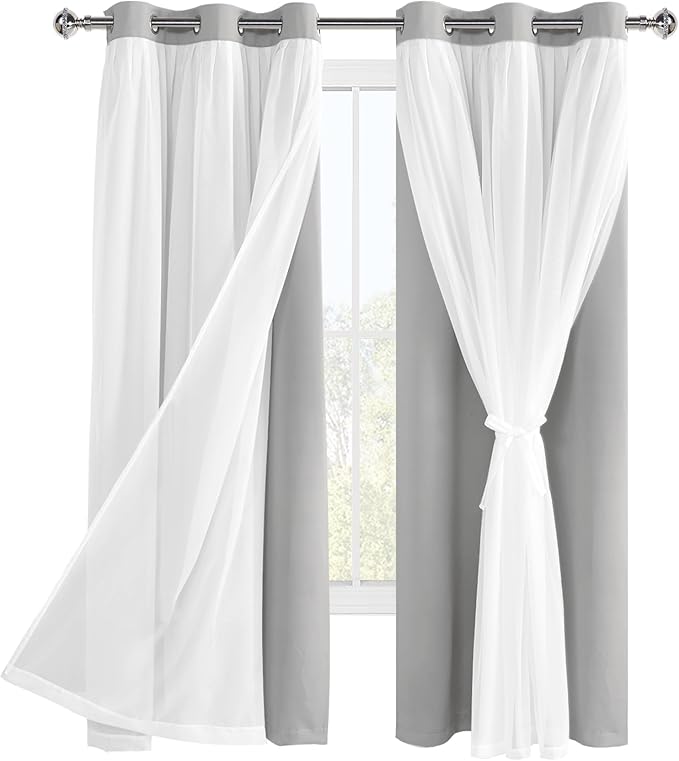 Hiasan Blackout Curtains with Sheer Overlay, Thermal Insulated Privacy Double Layer Mix & Match Window Curtains for Girls Bedroom, Living Room, 2 Drape Panels with Tiebacks, Silver Grey, 42W X 63L