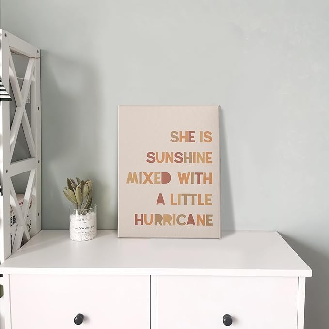 PHAMTE Girls Bedroom Wall Decor,She is Sunshine Mixed with a Little Hurricane Girls Room Wall Art,Sunshine Print Framed Canvas Painting Artwork for Room Bedroom Home Nursery Playroom（11x14 Inch）（Fleshcolor）