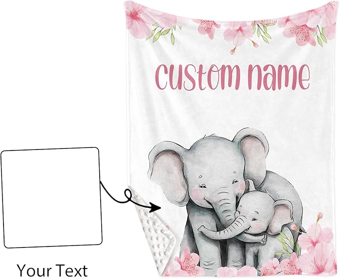 Personalized Crib Bedding Set for Boys Girls, Custom Baby Crib Sets with Name, Pink Flower Elephant Design Nursery Bedding 2 Piece - Soft Blanket with Double Layer Dotted Backing, Crib Fitted Sheet