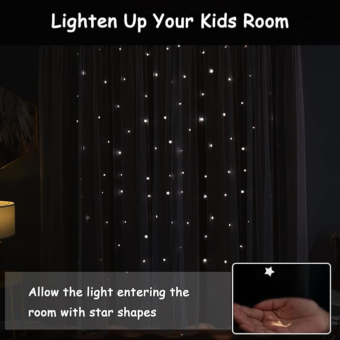 Kinryb Kids Blackout Curtains for Bedroom/Living Room/Classroom, Sheer Overlay Extra Long 2 Panel Set, Double Layer Curtains with Star Cutout for Kids Room(W 52 x L 108 Inches,Silver Grey 2 Pcs)