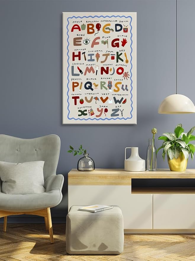 Cute First Illustration Alphabet Learning Canvas Print Posters Eclectic Nursery Wall Art Funny Boho Kids Educational Abc Chart Colorful Decor Picture for Toddlers Classroom Playroom 12x16inch Unframed