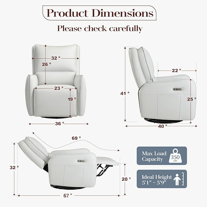 Power Recliner Rocking Chair Nursery Gliders, Electric Swivel Rocker Recliner Chair, Comfy Upholstered Living Room Reclining Chairs with Lumbar Support