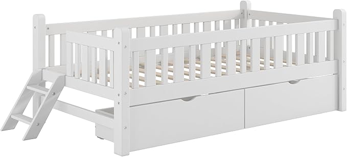 Twin Size Platform Bed with Guardrail and 2 Drawers, Wood Kids Platform Bed Frame with Two-Step Ladder for Boys Girls, Sturdy Slats Support (White-1.26)