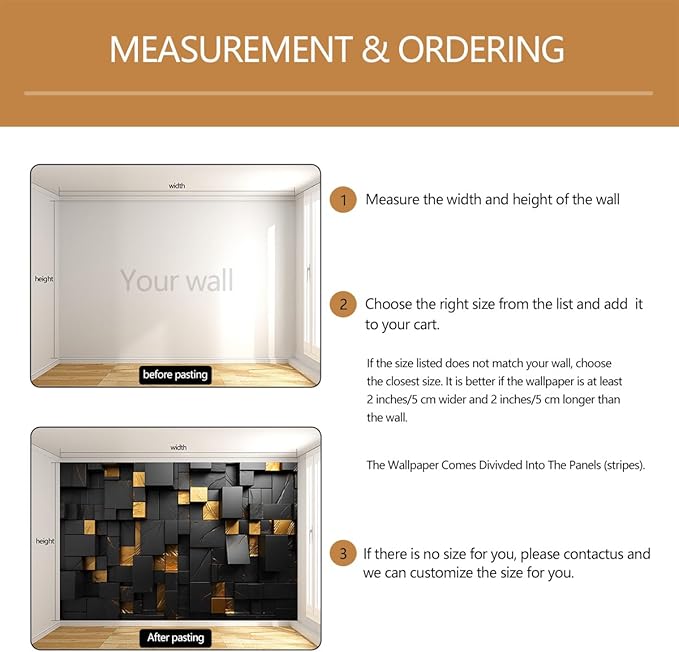 Black and Gold 3D Wallpaper Bedroom Abstract Geometric Squares Background Wall Mural for Living Room Office（Not Peel and Stick）