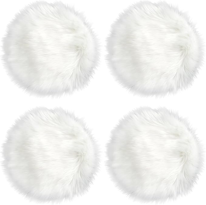IVON 4pcs 15.5'' White Round Faux Fur Rug, Fluffy Soft Rug Cushion for Chair, Background for Nail Desk Photos