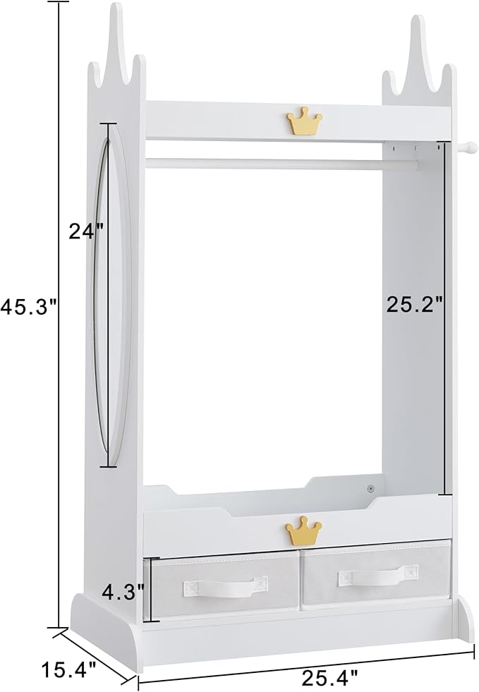 Kids Dress Up Storage with Mirror, Kids Armoire with Non-Woven Drawers, Open Costume Closet with Hanging Rack for Toddlers (White)