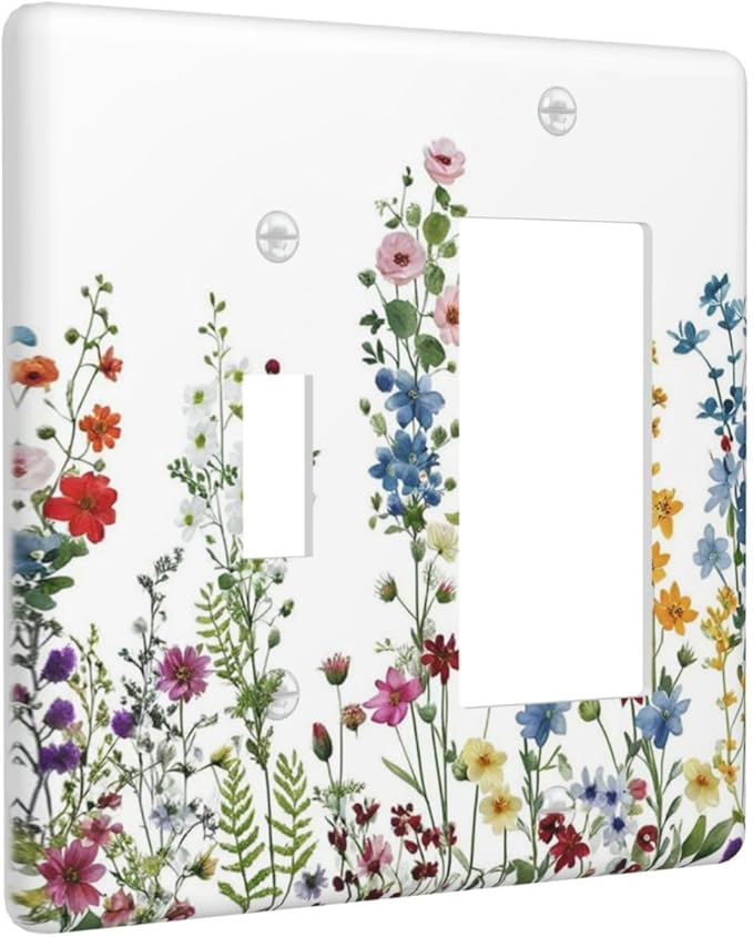 Outlet Covers Colorful Wildflowers Plants Flowers on White Background 2 Gang Combo Light Switch Cover Plate Toggle Rocker Socket Covers Decorative Switch Plates and Outlet Cover