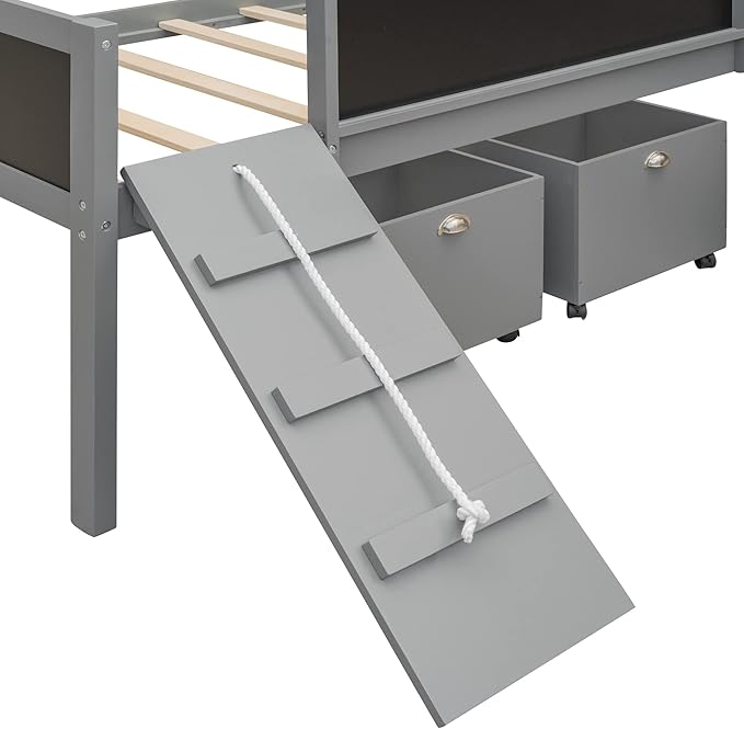 Play Fun Design Twin Size Loft Bed with Slide and Rope Climbing Ladder for Kids Boys Girls, Solid Wood Loft Bed Frame with 2 Storage Boxes and Double-sided Chalkboard, Sturdy Slat Support (Gray-2)