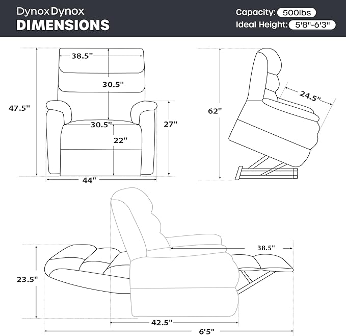 DYNOX Big Man Lift Chair 500lbs Extra Large Wide Lift Recliner Oversized Tri-Motor Power Lift Chair for Elderly,Heat Massage,Infinite Positions(9398,Chenille,Grey)