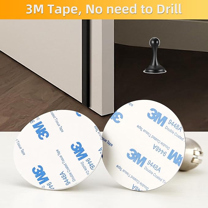 Magnetic Door Stop No Drilling Door Stop with 3D Adhesive Tapes Keep Door Open Door Stainless Steel Screws for Stronger Mount (Black)