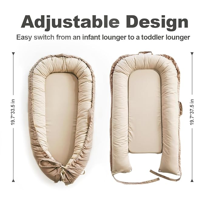 Baby Lounger, Baby Nest Cover for Baby, Reversible & Breathable Cotton, Adjustable Baby Floor Seat for Tummy Time, Portable Infant Lounger, Essentials for Newborns (Beige)