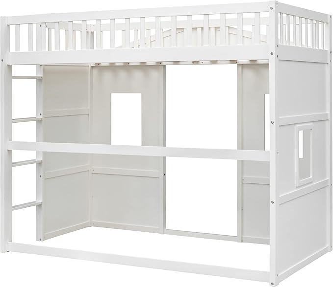 Twin Size Loft Bed with Safety Guardrail for Kids Boys Girls, Playhouse Design Solid Wood Loft Bed Frame with Ladder and Windows, Strong Wood Slats Support, Space-Saving (White)