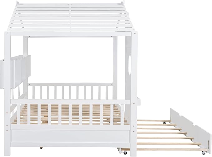 Merax Wood Full Multifunctional Montessori Daybed with Trundle/Storge Shelves, Low House Bed for Kids Boys Girls,Easy Assemble, White
