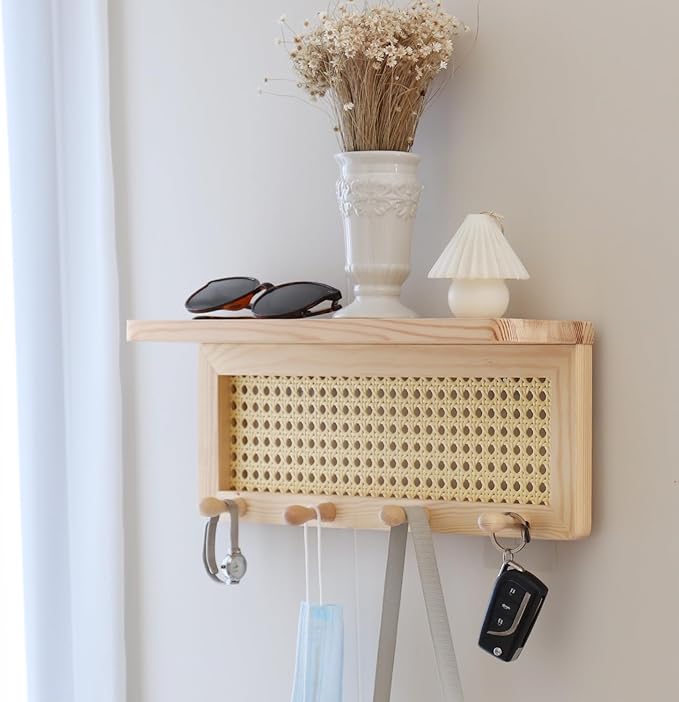 FRIADE PE Rattan Key Holder with 4 Key Hooks,Wall Mounted Decorative Floating Shelf for Entryway,Nursery,Mudroom, Hallway, Office (Burlywood)
