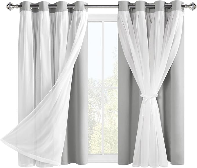 Hiasan Blackout Curtains with Sheer Overlay, Thermal Insulated Privacy Double Layer Mix & Match Window Curtains for Girls Bedroom, Living Room, 2 Drape Panels with Tiebacks, Silver Grey, 52W X 54L