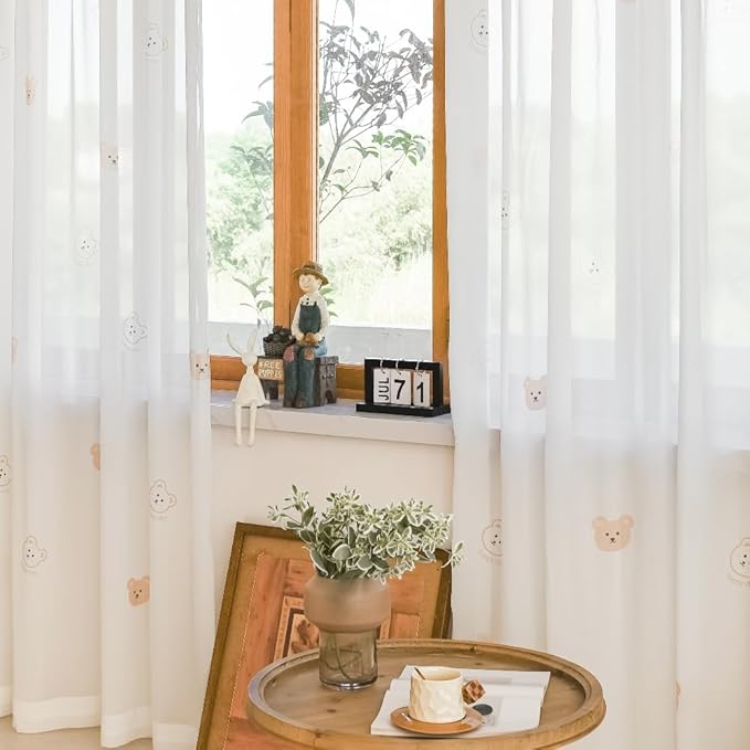 Cartoon Bears Kids Bedroom Sheer Curtains for Babys Room Living Room Grommet Top White Light-Filtering Print Bear Privacy Tulle Curtain for Nursery Baby Play Room 1 Panel (W55 L94 inch,White)