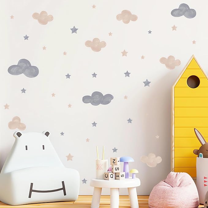 2 Sheets Gray Brown Clouds Stars Wall Stickers, sacinora DIY Art Wall Decals Removable Vinyl Peel and Stick Kids Baby Boy Nursery Bedroom Toddler Room Kindergarten Home Decorations