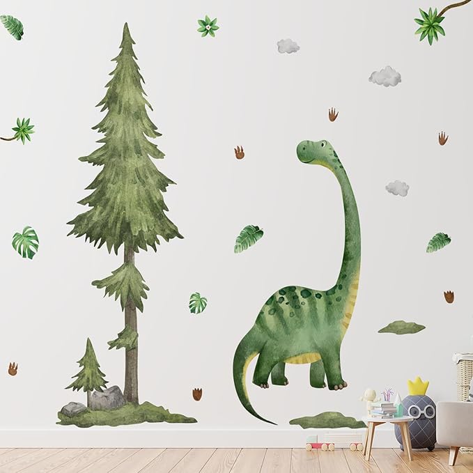 Large Dinosaur Pine Tree Wall Decals 7 Sheets Watercolor Wall Stickers Peel and Stick Forest Pine Tree Dinosaur Wall Decal Decor for Nursery Living Room Bedroom Classroom