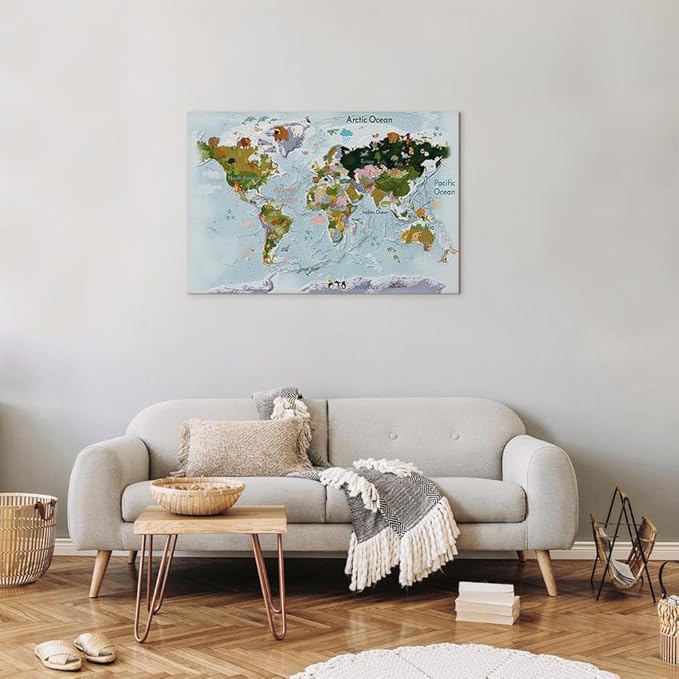 artgeist Acoustic Canvas Wall Art Print World Map for Children 35x24 in - 1pcs Picture with Acoustic Foam Sound Print Artwork Room Acoustics Soundproofing - Animals Continents World Map k-A-0508-b-a