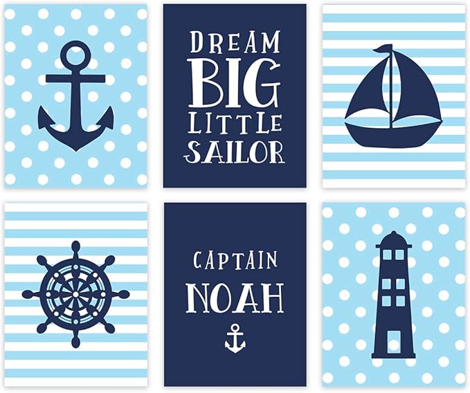 Andaz Press Personalized Ocean Nautical Sailor Theme Nursery Kids Bedroom Hanging Wall Art Decor, 8.5x11-inch, Baby Blue Stripes Dots, 6-Pack, Custom Unframed Room Poster
