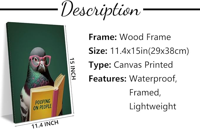 Funny Pigeon Humorous Bird Reading Book Lovers Gifts Poster Wall Decor Canvas Wall Art Framed Artwork Bookworm Posters Painting for Home Library Office Study Bedroom Decorations 11.5X14.5 Inch