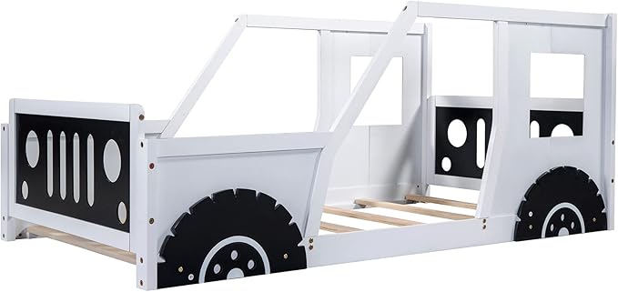 Bellemave Twin Size Toddler Bed, Classic Car-Shaped Platform Bed with Wheels, Wood Twin Montessori Floor Bed for Kids Boy Girls (White+Black)