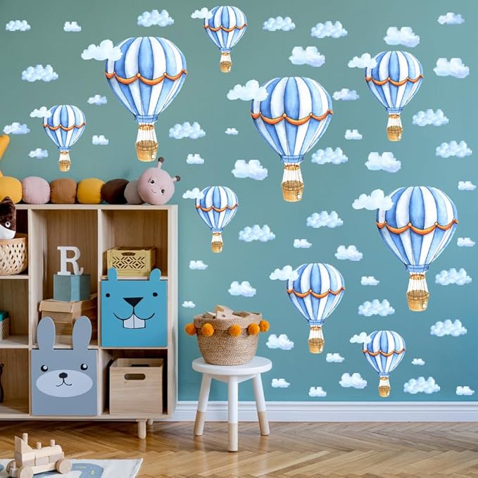 Large Hot Air Balloon Peel and Stick Removable Wall Decals - Blue Clouds Vinyl Stickers, Self-Adhesive Kids Room Art Murals Decor for Baby Nursery, Bedroom, Playroom Decoration