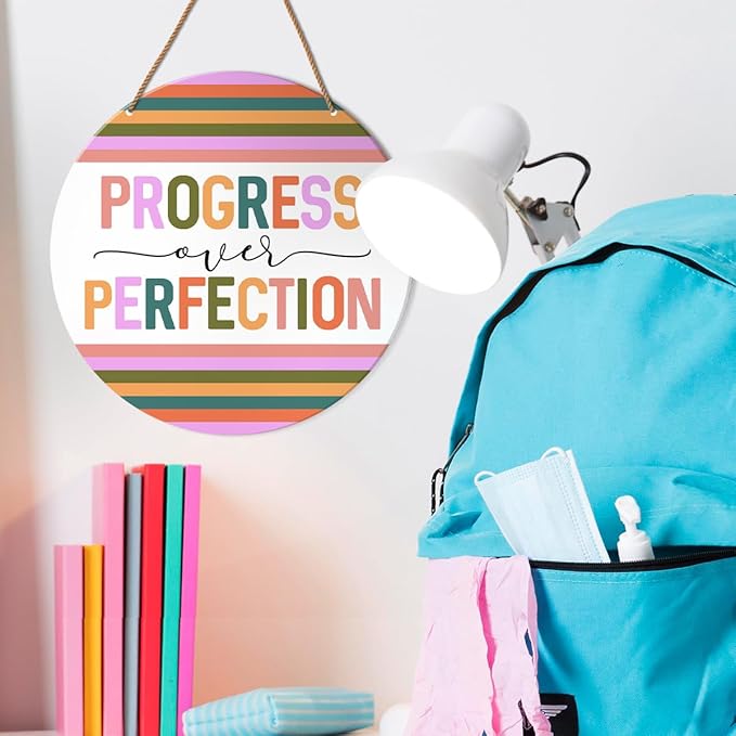 HSNBT Boho Classroom Wall Decor, Nursery kindergarten Classroom Positive Wall Decor Primary School Hanging Sign Decoration, Progress Over Perfection
