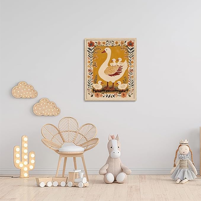 KISSFOX Framed Wall Art Nursery Wall Decor Yellow Duck Pictures Kids Cute Animal Canvas Art Boho Floral Paintings Artwork For Children Boys Girls Room Family Room